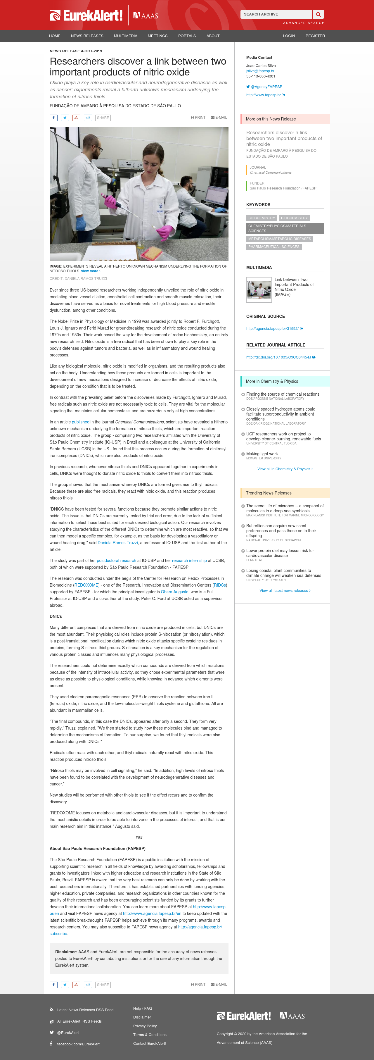 Researchers discover a link between two important products of nitric oxide